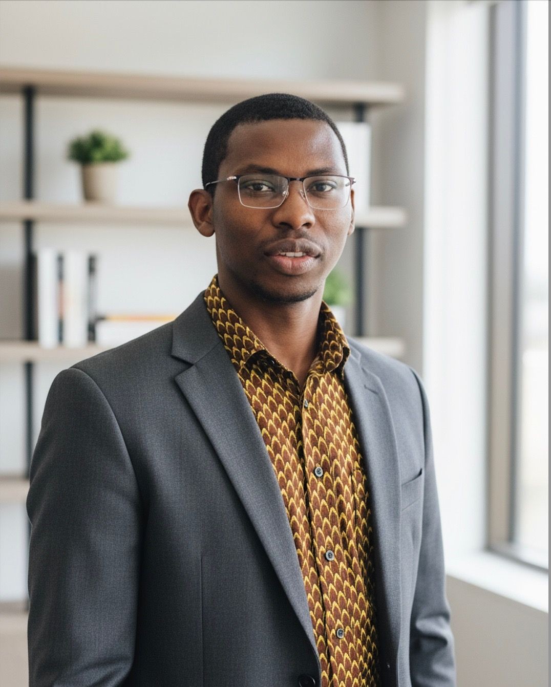 Man in a gray suit and patterned shirt standing by a window with bookshelves in the background.