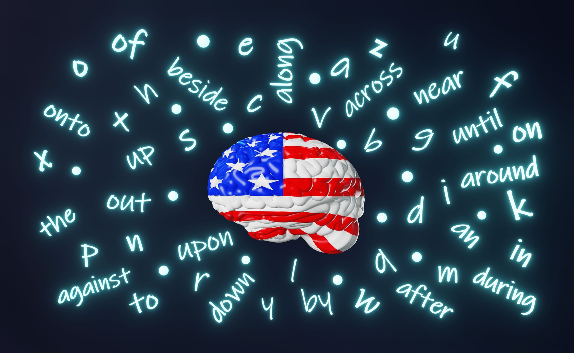 English learning American pronunciation Foreign language USA Online school Brain grammar accent speaking 3d rendering