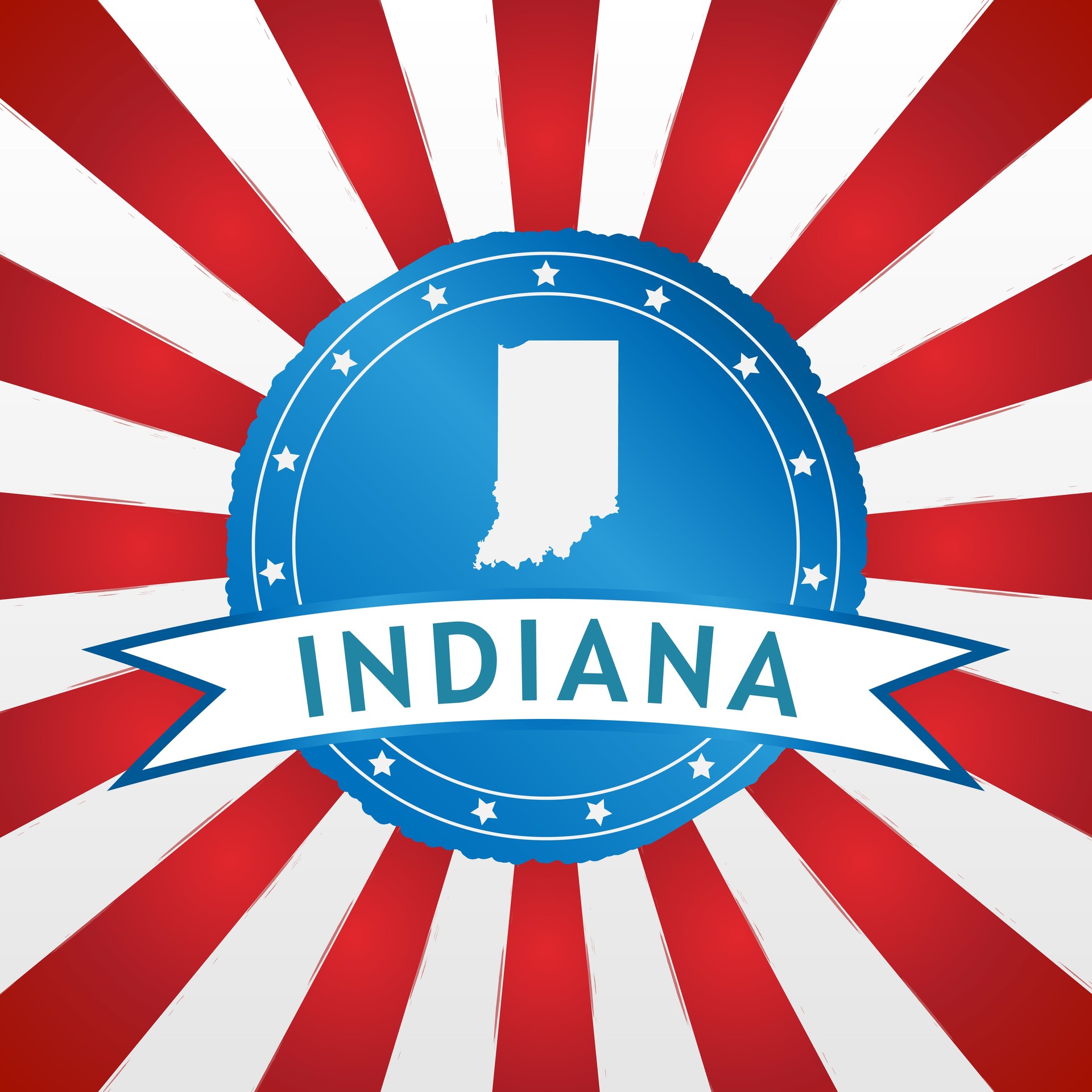 Light blue badge on retro red white striped background